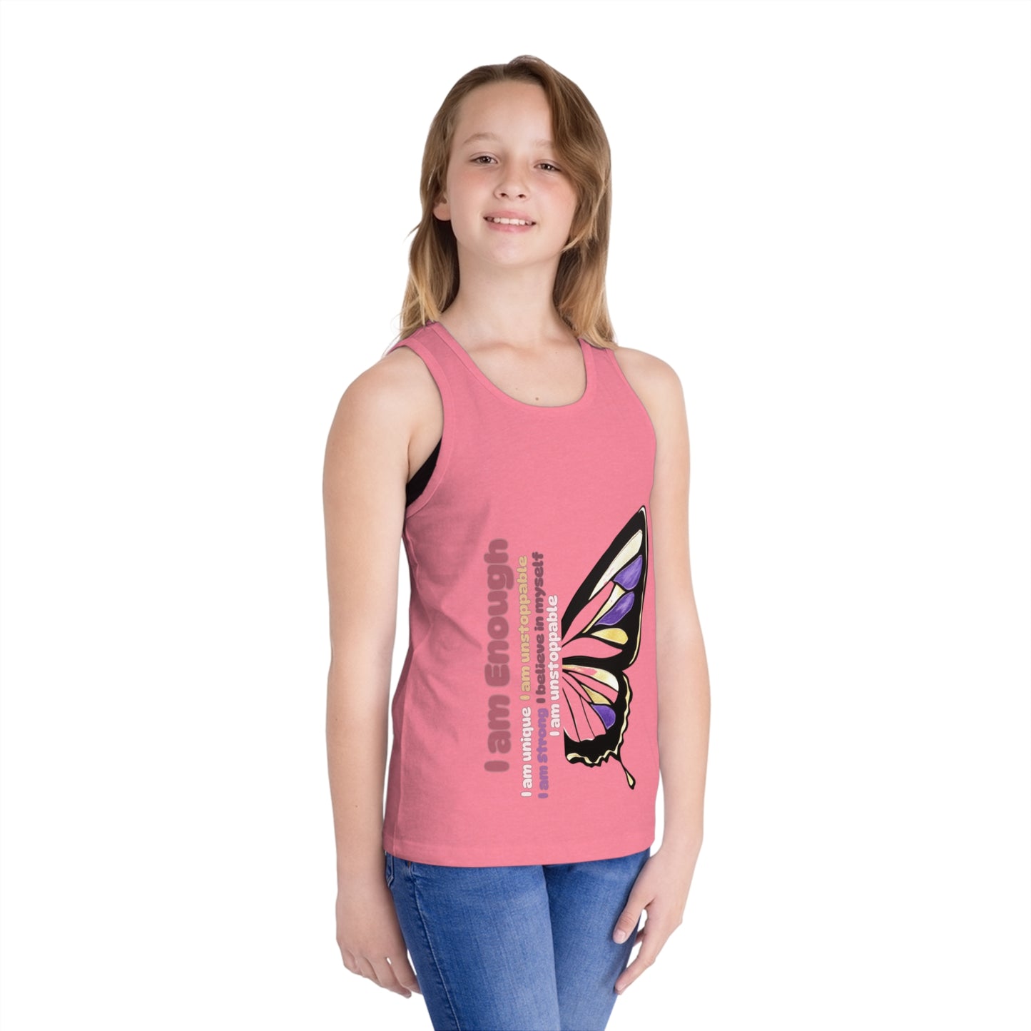 Inspirational Kid's Jersey Tank Top - "I Am Enough" Butterfly Design